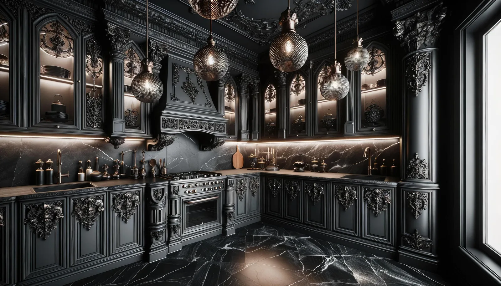 Black cabinetry with pendant lights in a Tampa kitchen