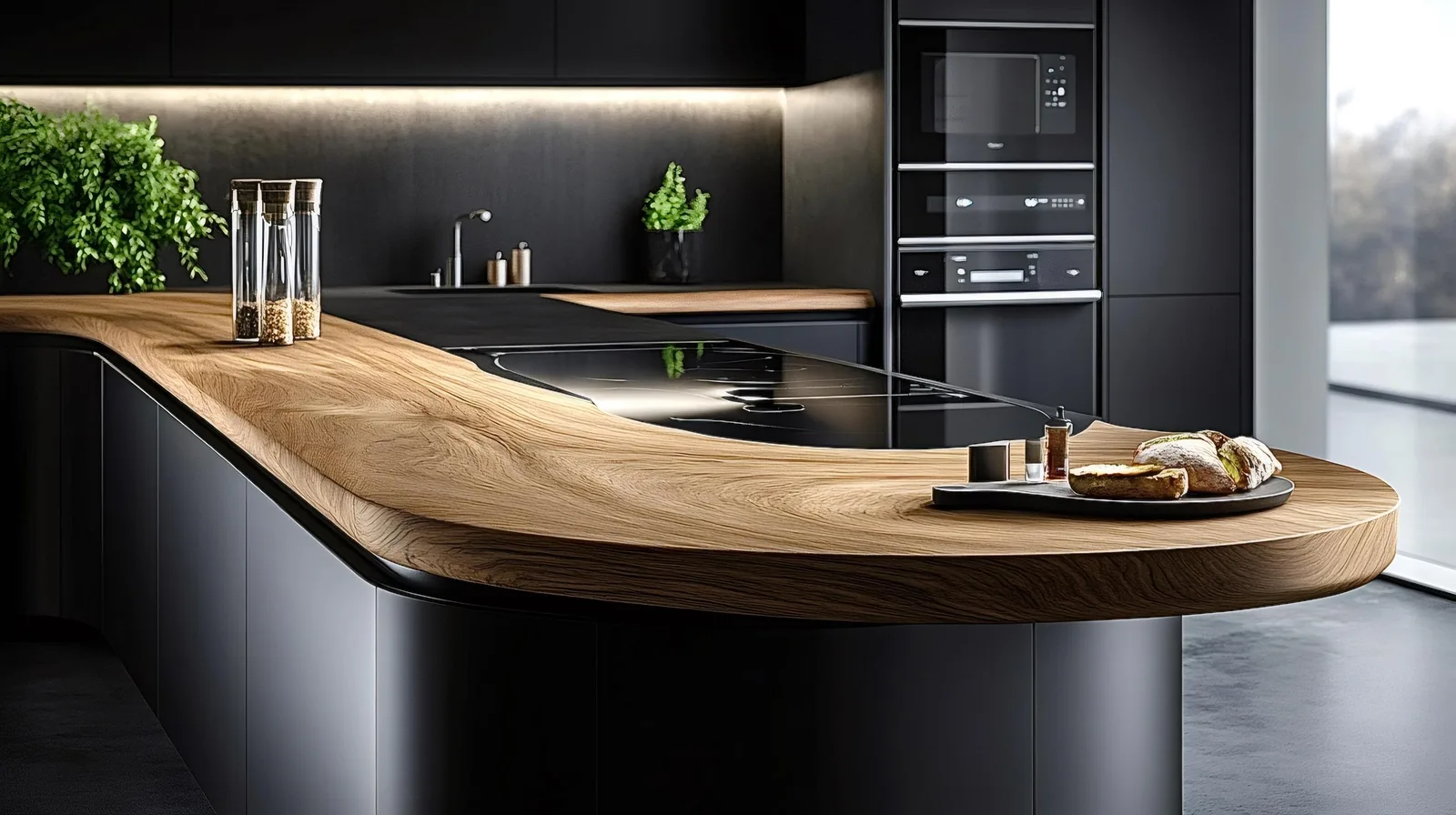 Black cabinets with wood countertop in a Tampa kitchen