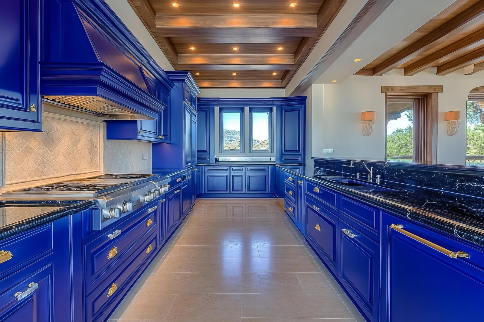 Dark blue cabinets with black marble in a Tampa kitchen