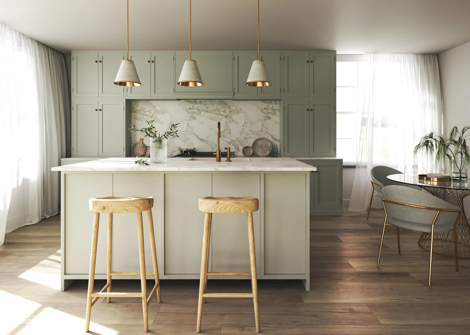Custom green cabinetry over a wood floor in a Tampa kitchen