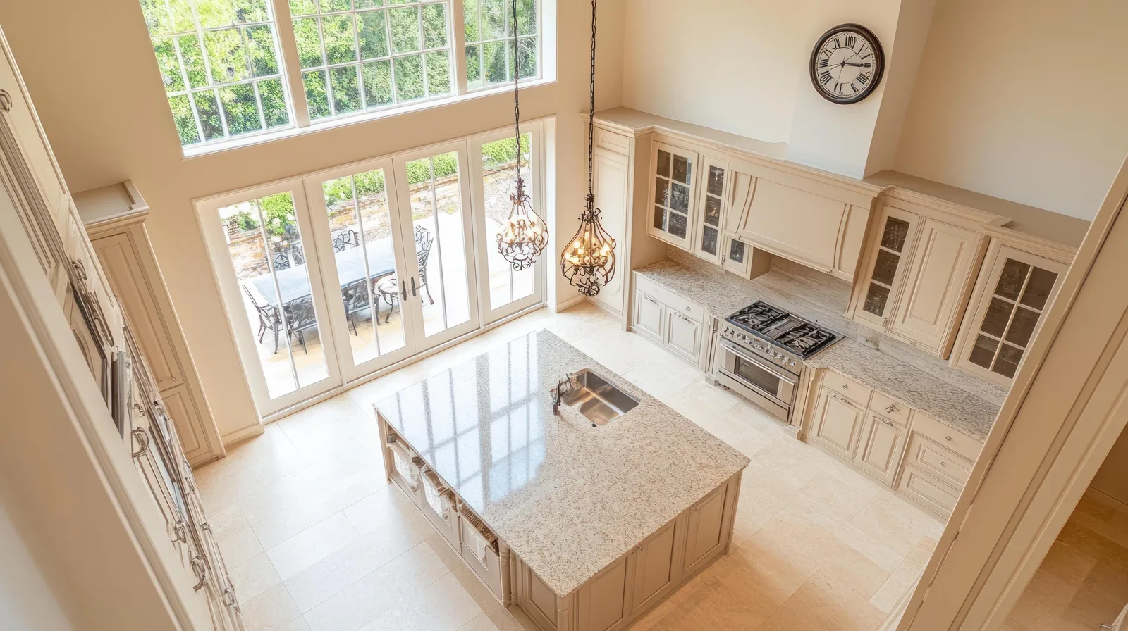 High-ceilinged Tampa kitchen with expansive windows