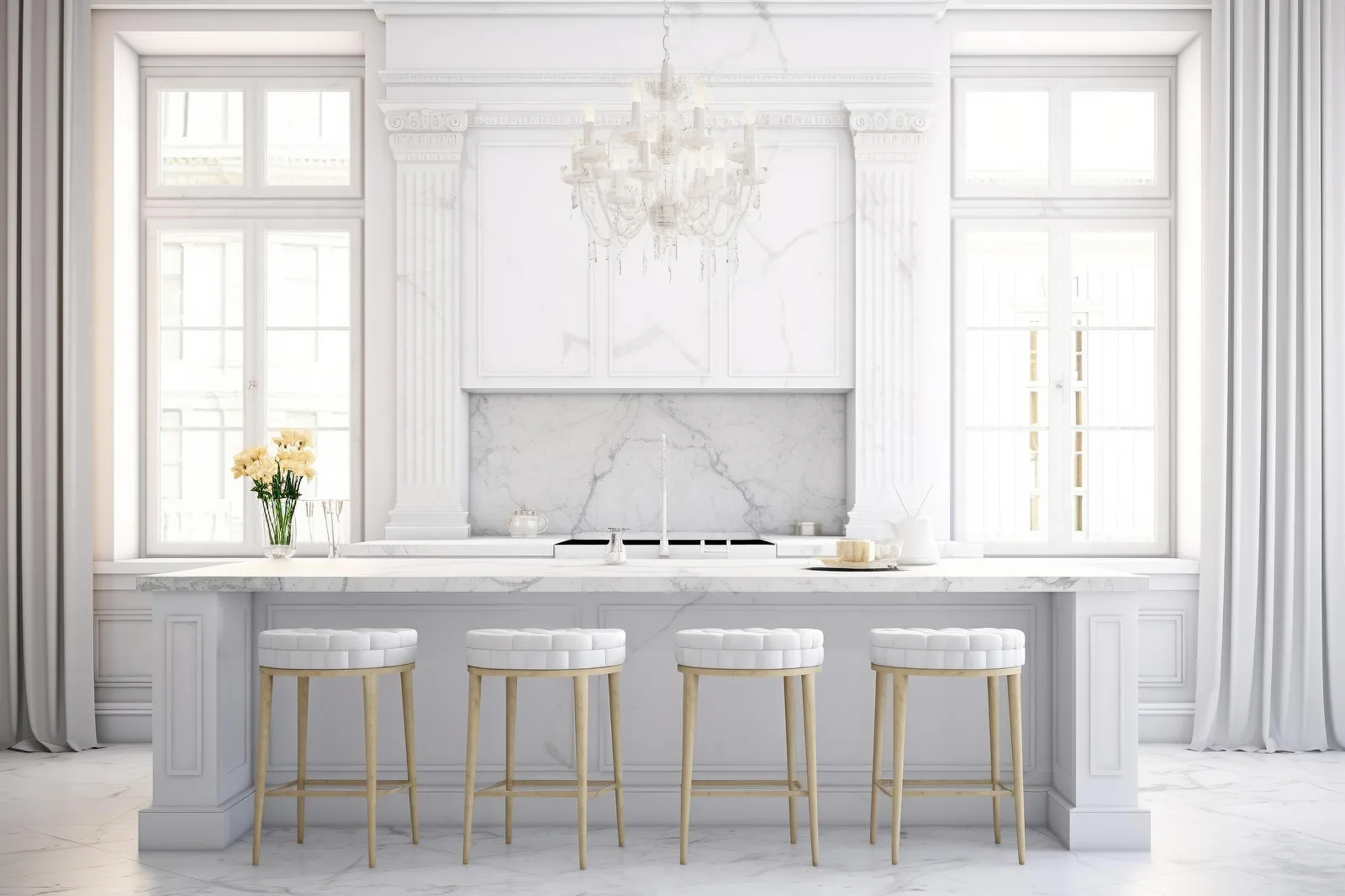 White marble island countertop in a Tampa kitchen remodel